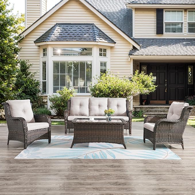 Belord Outdoor Wicker Furniture 5 Pieces Patio Furniture Set Patio Chairs with Ottomans and Side Table Conversation Set for Porch Garden Deck Balcony Poolside
