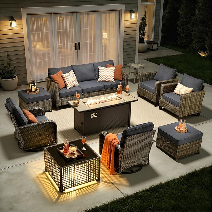 10 Piece Wicker Patio Furniture Set with Firepit, Denim Blue | High Back Swivel Rocker Chairs, 54-inch Fire Pit, Outdoor Sofa Ottoman Solar Lights Table, Conversation Sets, Deck Backyard