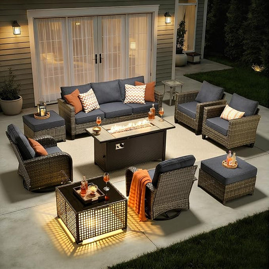 10 Piece Wicker Patio Furniture Set with Firepit, Denim Blue | High Back Swivel Rocker Chairs, 54-inch Fire Pit, Outdoor Sofa Ottoman Solar Lights Table, Conversation Sets, Deck Backyard