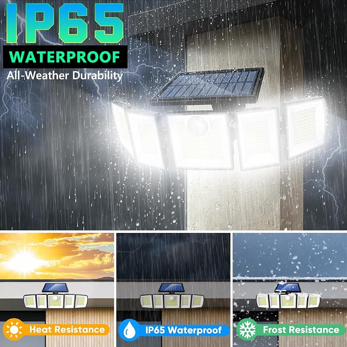 MDCMDCM Solar Lights Outdoor Waterproof Motion Sensor - 416 LEDs 3000 Lumens Super Bright 3 Brightness 3 Modes 360° Illumination 32ft Solar Flood Security Light for Outside (with Stakes, 2)