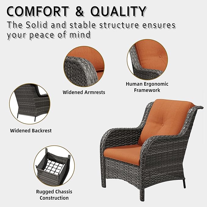 6 Pcs Patio Furniture Set with Fire Table-31'' Fire Pit Table, 1 Side Table, 4 Outdoor Rattan Wicker Conversation Chairs (2 Fixed & 2 Swivel) （Orange）