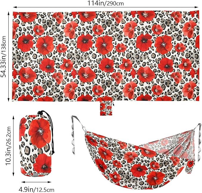 Camping Hammock Outdoor Hammocks for Outside Red Poppy Leopard Cheetah Beach Trees Portable Lightweight with Pockets Tree Straps Indoor