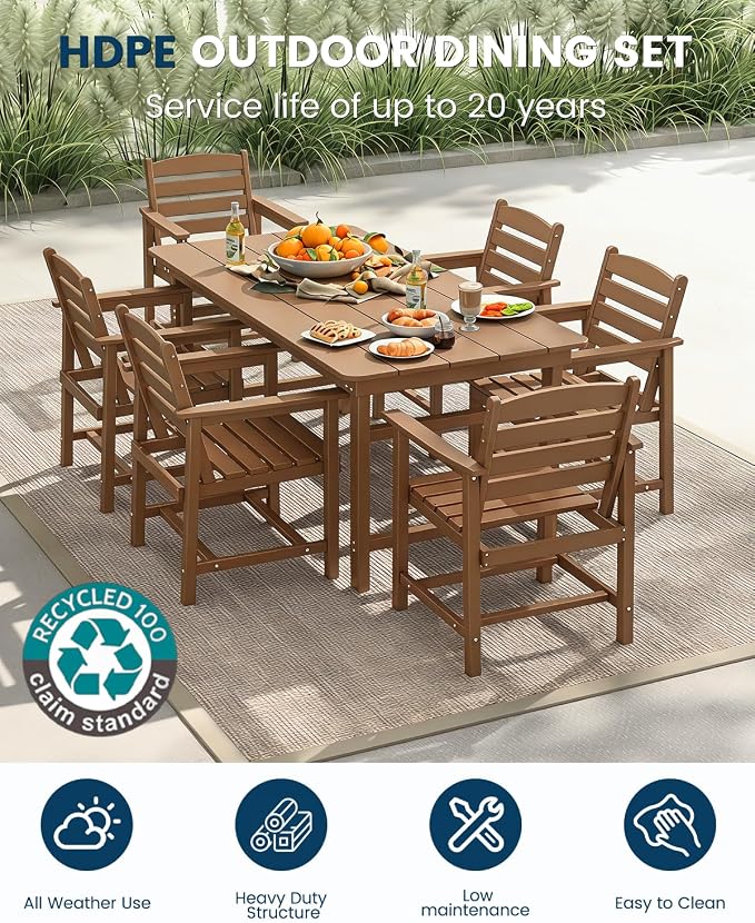FOOWIN Outdoor HDPE Dining Table Set 7-Piece All Weather Patio Dining Set with Umbrella Hole,Outdoor Patio Furniture Dining Set for 6,Patio Kitchen Table Set for Garden,Backyard,Poolside. Teak
