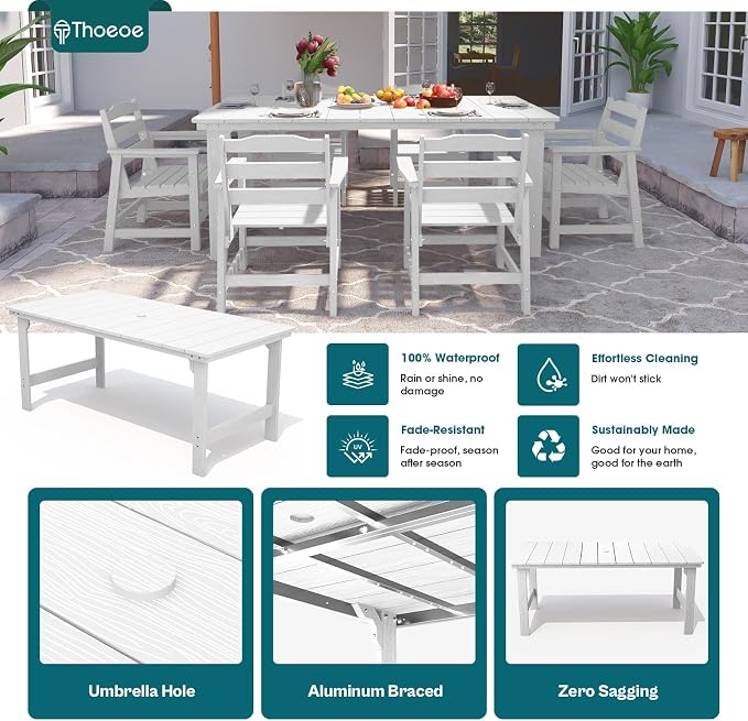 THOEOE 7 Piece Outdoor Dining Set, Patio Dining Table and 6 Chairs, All-Aluminum Frame, All-Weather HDPE Outdoor Furniture with Umbrella Hole for Garden, Lawn, Poolside, White