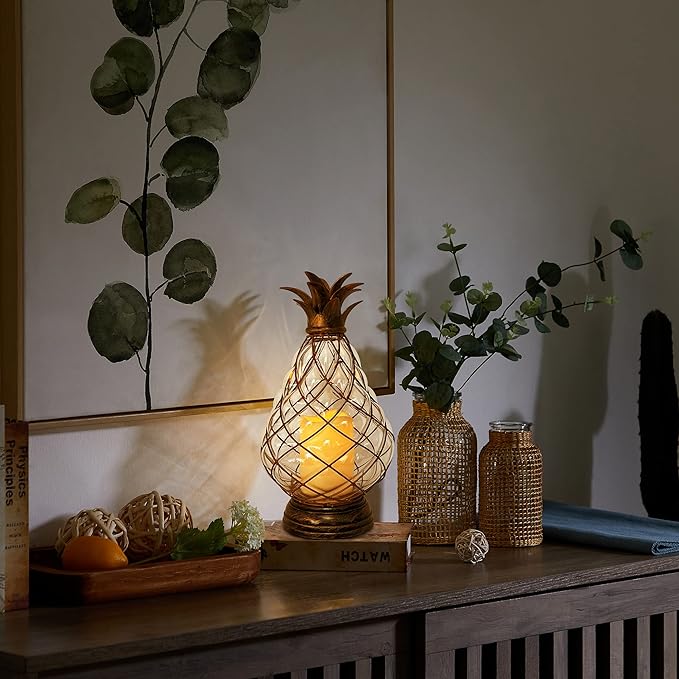MOZEAL 13" Outdoor Glass Pineapple Lantern,Ip44 Waterproof,6 Hours Timer,Decorative Candle Lantern,with Flameless Candles,Battery Operated,for Front Porch/Patio/Beach/Garden/Pineapple Theme Decor