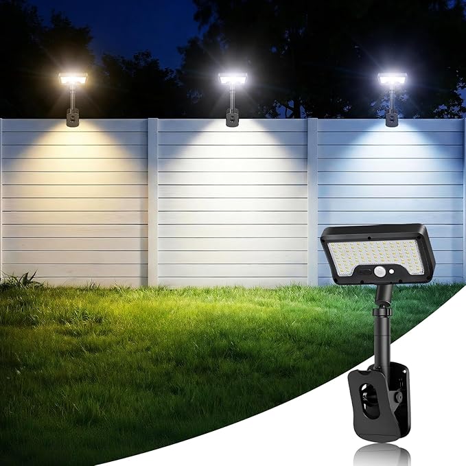 iMaihom Clip On Solar Lights Outdoor with Motion Sensor, 92 LED 600LM Solar Fence Lights, Warm/Neutral/Cool White, 360° Adjustable, IP65 Waterproof Security Light for Deck, Gutter, Porch (1, Black)