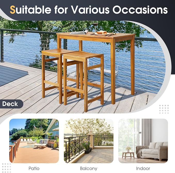 HAPPYGRILL Outdoor Acacia Wood Bar Table, 45” Rectangular Bar Height Dining Table with Slatted Tabletop, Farmhouse Rustic Wood Bar Table for Patio Porch Garden Deck