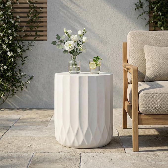 Outdoor Side Table Round Cylinder Side Table Concrete End Tables Small Stone Coffee Tables Patio Garden Stool Plant Stand for Porch, Backyard Balcony,Weather Resistant, MgO,White