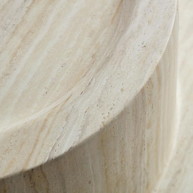 31.69" Travertine Coffee Table Round Faux Stone Coffee Table for Living Room, Modern Faux Marble Pattern Top with Wooden Pedestal Unique Center Tables, Magnesium Oxide, No Assembly,Beige