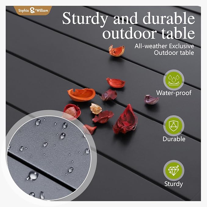 Sophia & William Outdoor Patio Table for 6 People, Rectangular Metal Patio Outdoor Dining Table, Black Steel Slatted Weather-Resistant Table with 1.57" Adjustable Umbrella Hole, L59 * W36 * H28