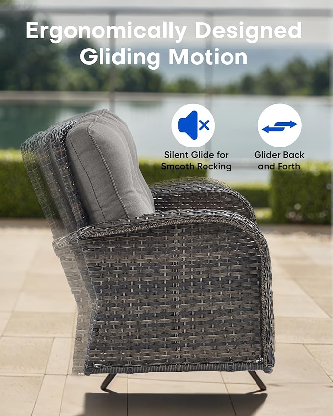 5 Pieces Patio Furniture Set-Outdoor Rocking Chairs Set of 2 Outdoor Glider Bench with Wicker Outdoor Coffee Table for Deck Lawn Porch Balcony Poolside-Brown/Grey