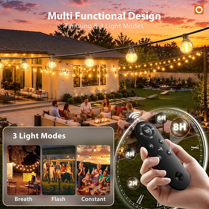 addlon 102FT Solar String Lights Outdoor, Waterproof, USB Charging | Dimmable, 3 Light Modes, Remote, 30+2 LED Bulbs, Easy Install, Ideal for Large Backyard, Garden, Wedding, Party, Camping