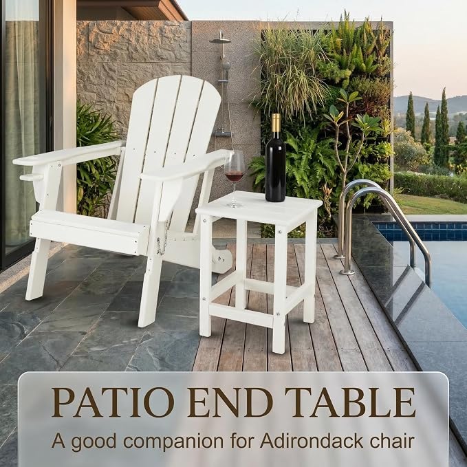 Outdoor Side Table, Square HDPE Patio End Table, Weather Resistant Adirondack Side Table for Porch, Garden, Backyard, Poolside, Waterproof Small Slat Accent Table, 14 Inch, White