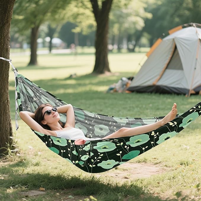 Camping Hammock Outdoor Hammocks for Outside Green Flowers Black Beach Trees Portable Lightweight with Pockets Tree Straps Indoor