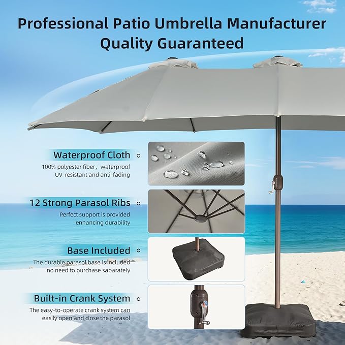 15Ft Patio Umbrella - Large Beach Umbrella W 12 Sturdy Ribs,UPF50 Outdoor Table Umbrella,Picnic Market Umbrella W Base Crank Handle for Pool,Yard,Garden