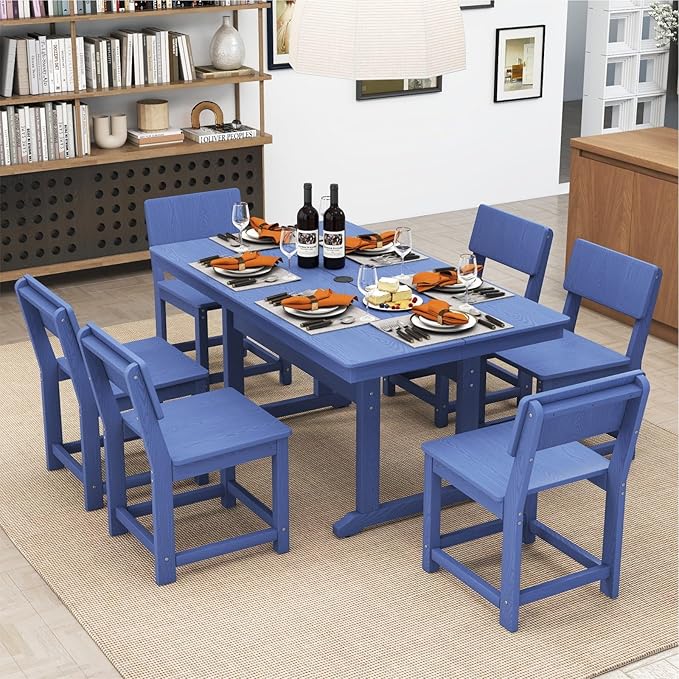7-Piece HDPE Outdoor Patio Dining Set,Modern Plastic Dining Sets，Patio Table and Chairs Set with Umbrella Hole Cut-Out Table and 6 Chairs Navy