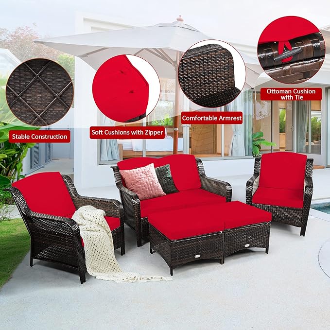Tangkula 5 Pieces Patio Furniture Set, Outdoor Rattan Conversation Sofa Set with Loveseat, Single Sofas and Ottoman, Sectional Sofa Set with Removable Cushions for Porch, Backyard, Balcony, Lawn