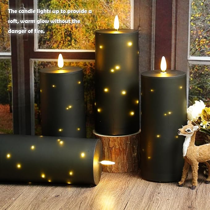 kakoya 10" x 4" Large Outdoor Waterproof Flickering Flameless Candles with Timer,4Pcs Battery Operated LED Pillar Candles with Embedded Star String for Outdoor Lanterns,Porch,Patio Decor(Black)