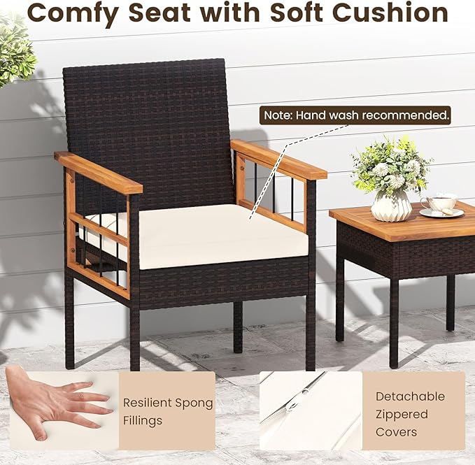 Tangkula 3 Piece Outdoor Wicker Conversation Furniture Set, Patio Rattan Cushioned Chair & Side Table Set with Acacia Wood Tabletop & Armrests, for Backyard, Porch, Balcony