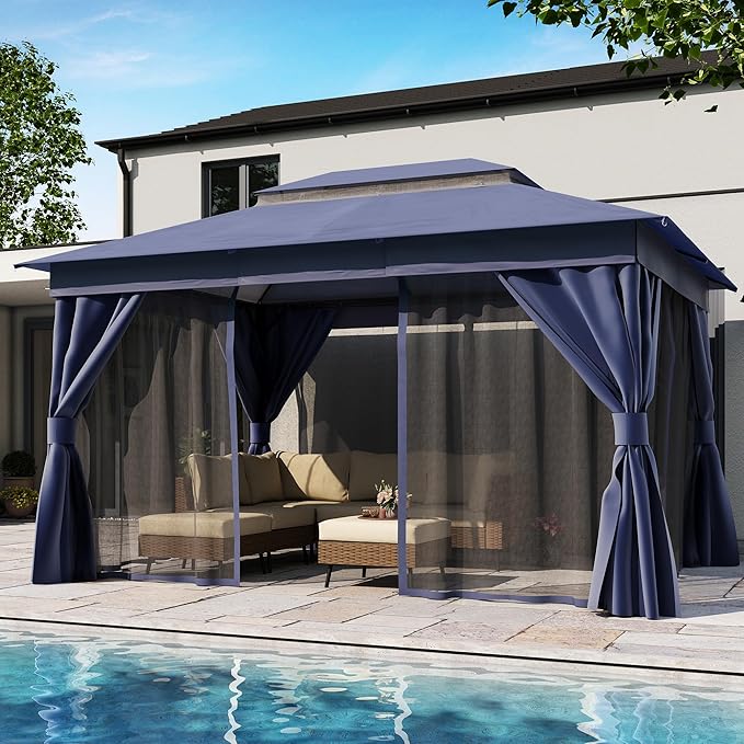 LAUSAINT HOME Patio Gazebo 10'x13', Outdoor Heavy Duty Party Tent Shelter with Double Roofs, Mosquito Nettings and Privacy Screens for Backyard, Garden, Lawn, Navy Blue