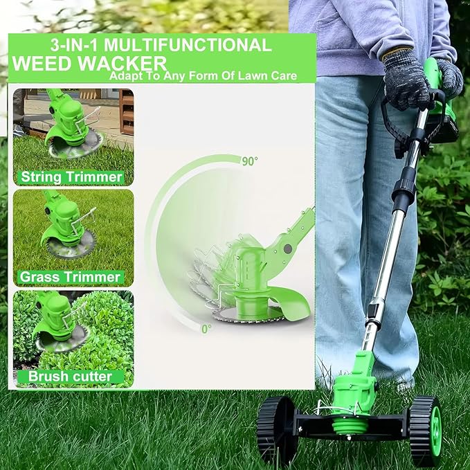 Weed Wacker,21V Electric Cordless Weed Eater 2×4.0Ah Battery-Powered with 3 Types of Blades, Adjustable Cutting Angle & Height, 3-in-1 Stringless Grass Trimmer, Brush Cutter for Lawn Yard Garden