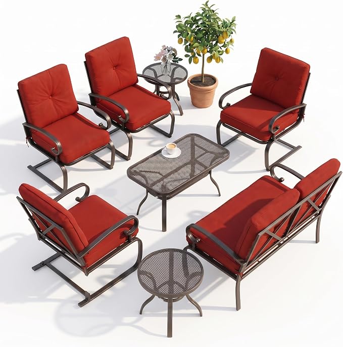 8 Pcs (6 Seats) Metal Outdoor Patio Furniture Conversation Sets, 4 Spring Chair, Loveseat and 3 Coffee Table, with Cushions (Red)