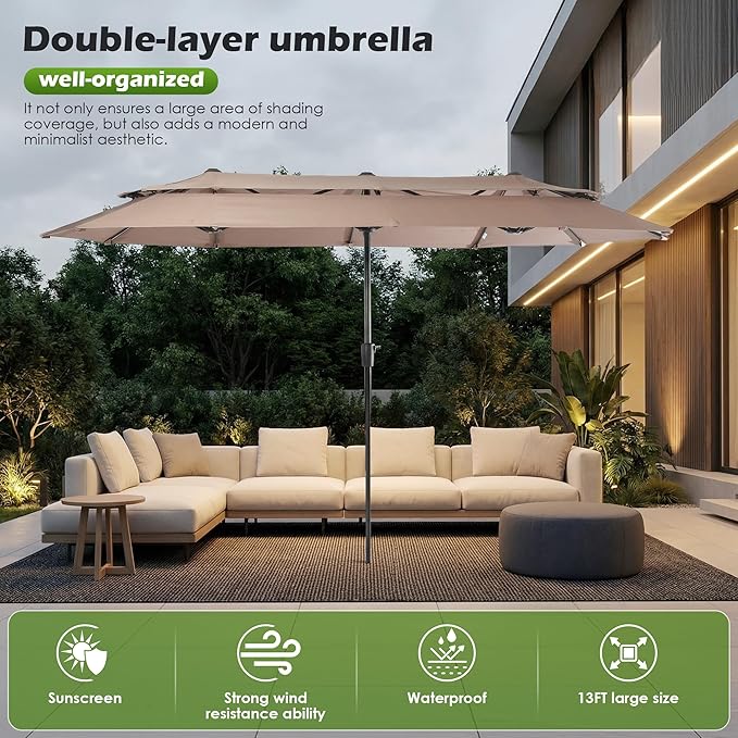 Nice C 13-15FT Large Double Sided Patio Umbrella, Double Layer Market Rectangle Umbrella, Large Deck Umbrella With Crank For Outdoor Poolside Backyard Pool Garden