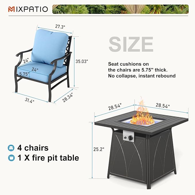 MIXPATIO Patio Furniture Set with Fire Pit Table, 5 Pcs Metal Outdoor Conversation Set, 4 Single Chairs with 5.75" Extra Thick Cushion and 28" Fire Pit Table for Backyard Deck, Blue