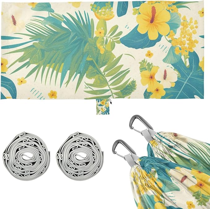 Tropical Style Yellow Flowers Green Leaves Outdoor Hammock with Tree Straps Hanging Hammock for Indoor Outdoor Patio