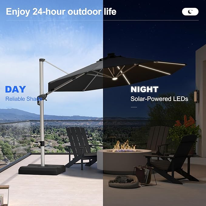 PURPLE LEAF 11ft Patio Umbrella with Lights Outdoor Round Cantilever Solar Powered LED Umbrella with 360-degree Rotation for Garden Deck Pool Patio, Grey