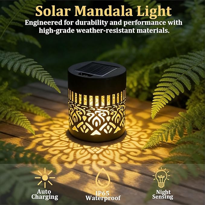2Pcs Decorative Solar Mandala Lights, Metal Outdoor Waterproof Decorative Lights for Garden Patio Deck Steps, Solar Powered Wall Lantern for Yard Post & Front Door