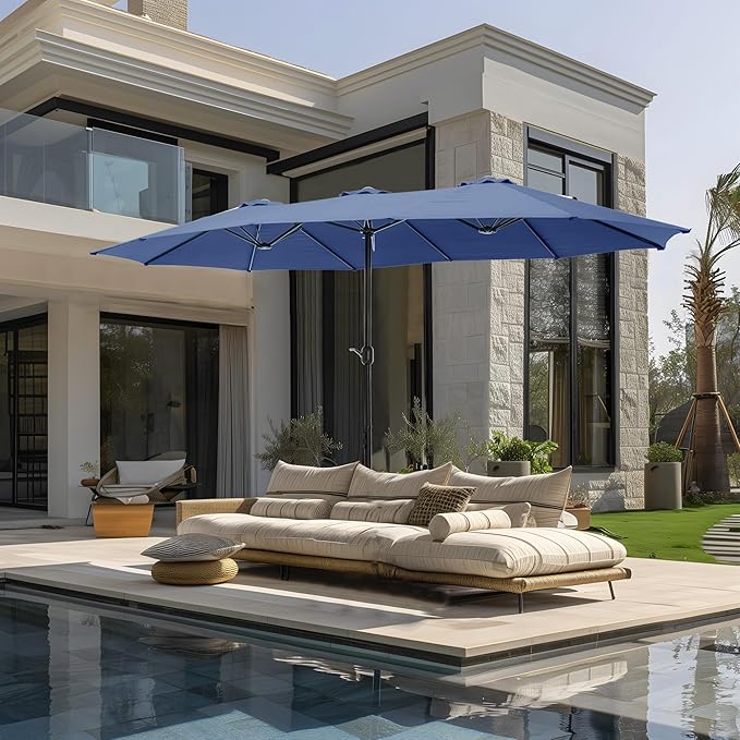 GREEN PARTY 15 ft Rectangular Patio Umbrella with Base Included, Large Double-Sided Outdoor Table Umbrella with Crank, 1.9" Pole UPF 50+ UV Resistant for Pool Deck Backyard Garden, Haze Blue