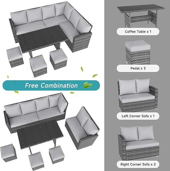 GAOMON Outdoor Patio Furniture Sets, PE Rattan Furniture Sectional Sofa Set with Storage Table, Patio Conversation Sets with Water-Repellent Cushions for Backyard, Deck, Poolside (9 Seat Gray/Gray)