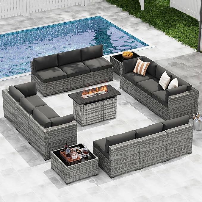 LazySunsets 15-Piece Patio Furniture Set with 44" Fire Pit Table, Wicker Outdoor Furniture, Patio Conversation Sets with Coffee Table, Outdoor Sectional Couch with Waterproof Cover, Black