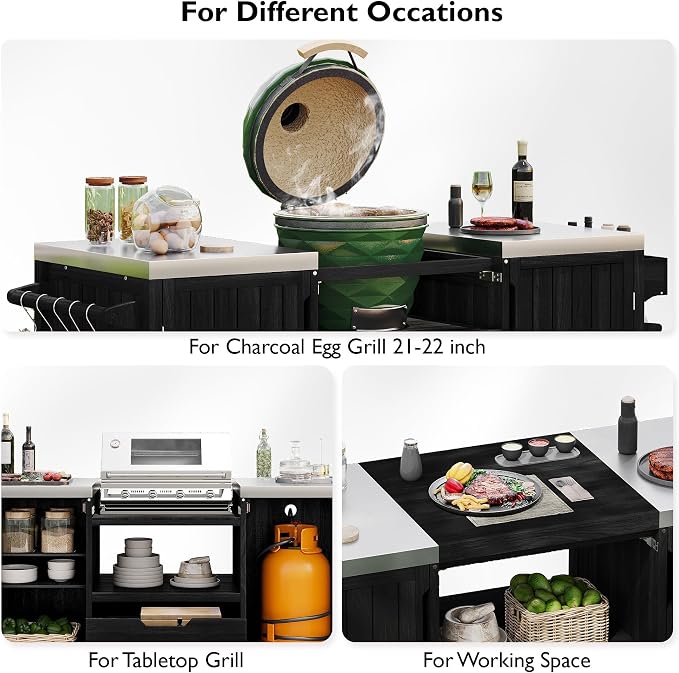 RUNNA 66.5" Outdoor Kitchen Island for Big Green Egg Grills,Solid Wood Outdoor Grill Cart for Tabletop Grill with Stainless Steel Top,Drawer, Compatible with Large Big Green Egg, Kamado Joe