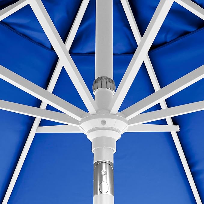 California Umbrella 12-Year-Non-Fading, 9Ft Premium Sunbrella Patio Umbrella, Hand-Crank, Button-Tilt, White Frame, True Blue Fabric
