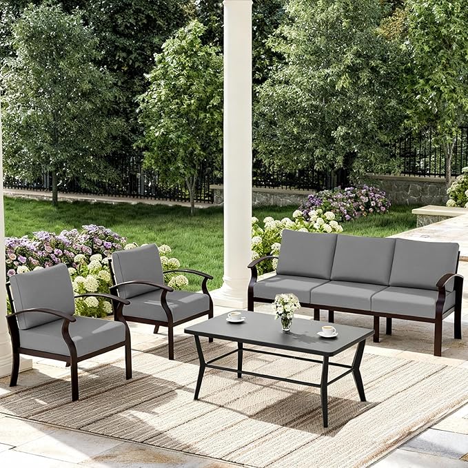 ALAULM Aluminum Patio Furniture Set with Coffee Table Rectangular，5-seat Outdoor Sectional Furniture w/Swivel Chairs，Patio Conversation Set for Porch, Backyard, Poolside-Grey