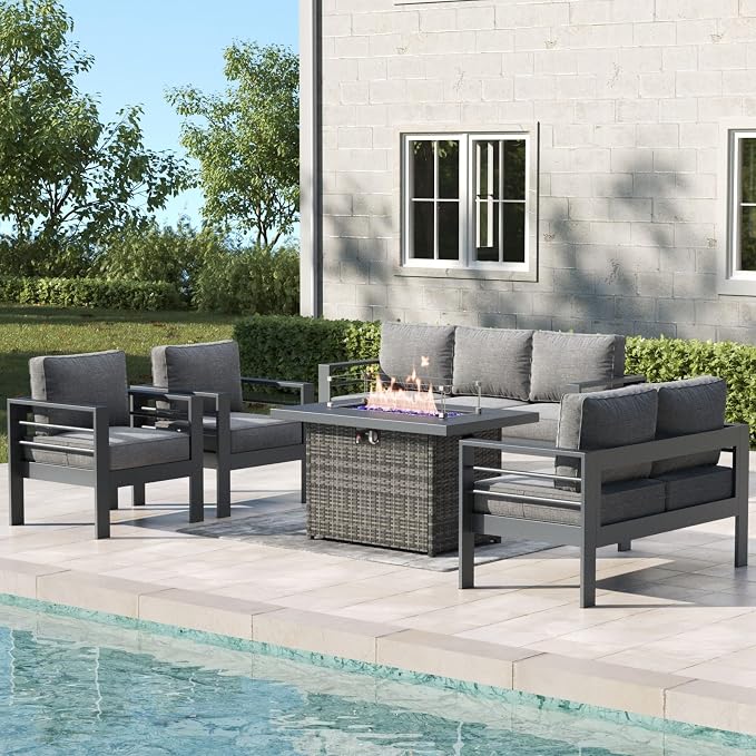 5 Pieces Aluminum Outdoor Patio Furniture Set with Fire Pit Table, Modern Metal Conversation Sofa Set with Deep Seating