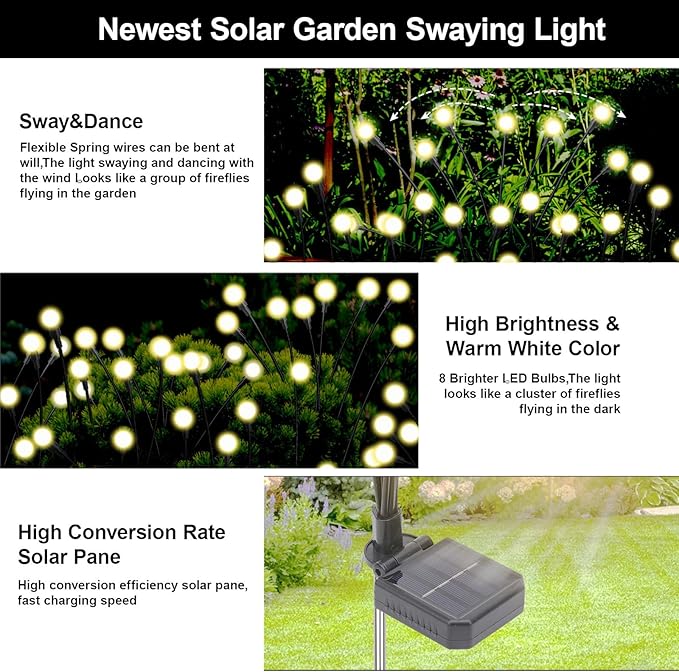 Solar Firefly Lights Outdoor, 8 Modes 800mAh Swaying Flashing Firefly Garden Lights Solar Powered Waterproof for Outside Yard Patio Pathway Lawn Christmas Garden Decor Warm White (2 Pack)