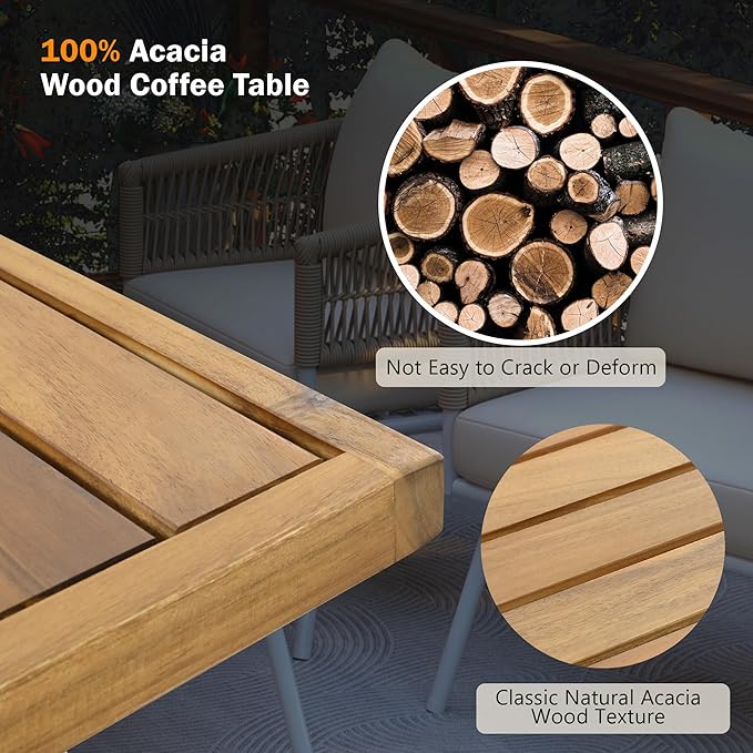 GOWE 4-Piece Boho Rope Patio Furniture Set, Outdoor Furniture with Acacia Wood Table, Patio Conversation Set with Deep Seating & Thick Cushion for Backyard Porch Balcony, Beige