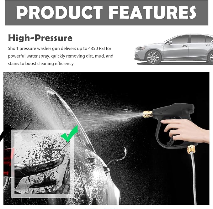 Car Short Pressure Washer Gun,4350 PSI Max High-Pressure Car Wash Gun | Portable, Safety Lock, M22-14 Thread, 1/4" Outlet Quick Connect, 4350 PSI Max