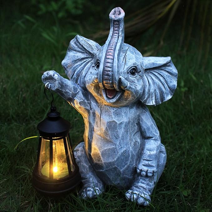 Garden Statues Elephant Solar Figurine Decor Outdoor Waterproof Lights, Yard Decorations, Garden Decor Unique Birthday Housewarming Gifts for Mom (Elephant 2)