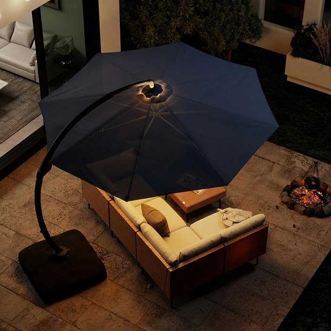 ENSTVER 11FT Solar Powered LED Light Cantilever Patio Umbrella With Base Included, Round Large Aluminum Outdoor Cantilever, Heavy Duty Offset Umbrella with 360°Rotation for Pool, Deck, Backyard