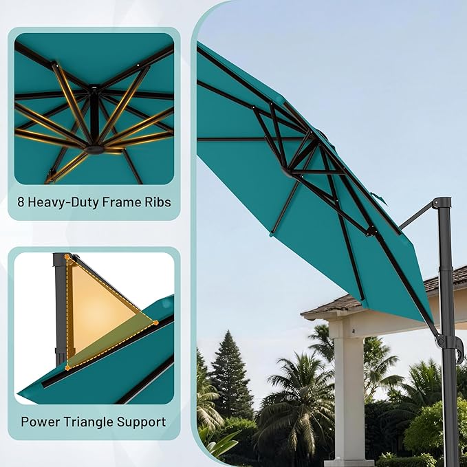 AreShark 11FT Round Cantilever Patio Umbrella with Base Included, 360° Rotation Offset Outdoor Umbrella, 5 Tilt Settings Heavy Duty Hanging Parasol for Deck Garden Pool, Lake Blue