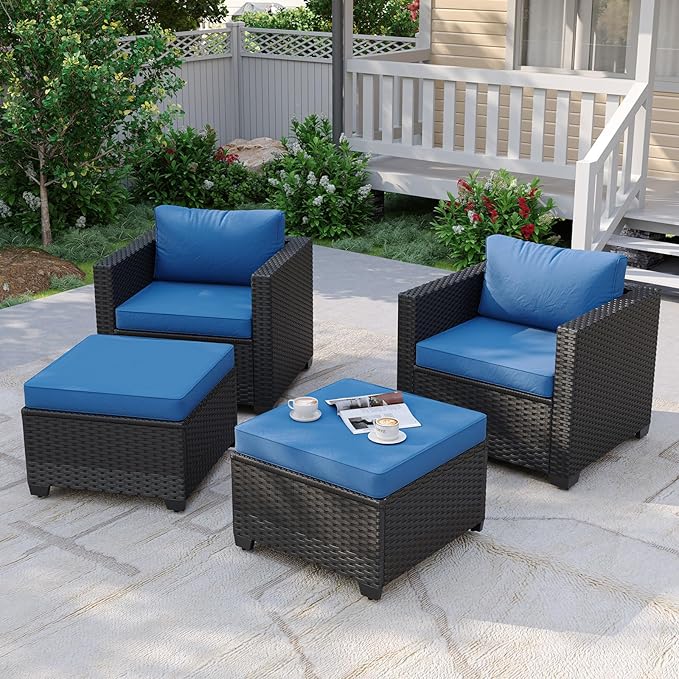 Aoxun 4 Piece Patio Furniture Set with Ottomans, Wicker Outdoor Furniture Conversation Set with 4" Thick Cushions for Deck Yard and Poolside Navy Blue