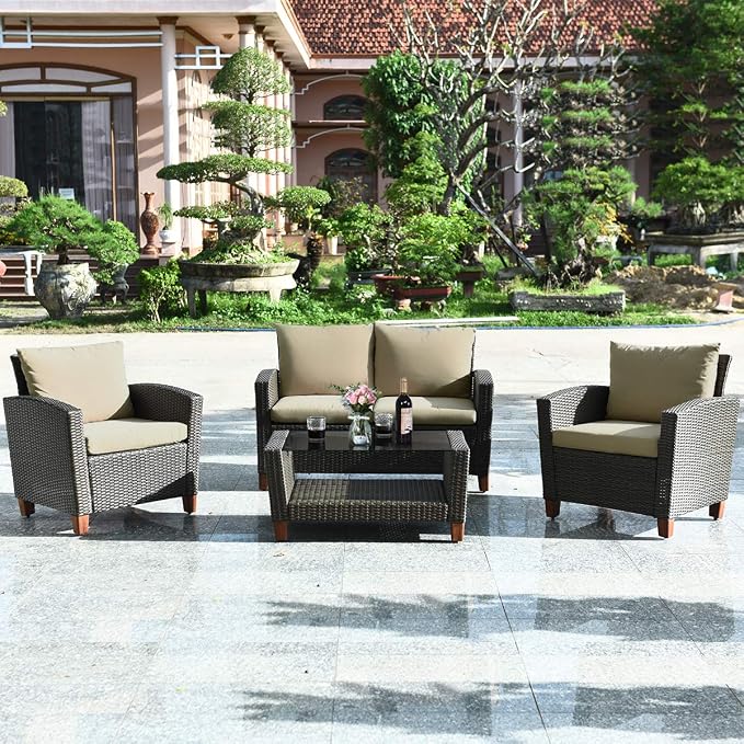 Tangkula 8 Pieces Patio Rattan Furniture Set, Outdoor Wicker Conversation Set with Seat & Back Cushion,and Tempered Glass Coffee Table with Shelf, for Porch, Poolside, Backyard, Garden