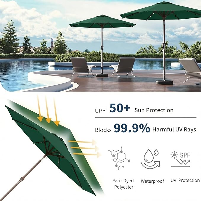 9FT Solar Umbrella 32 LED Lighted Patio Umbrella Table Market Umbrella w/Tilt and Crank, UV-Resistant Outdoor Umbrella for Pool, Garden, Deck, Forest Green