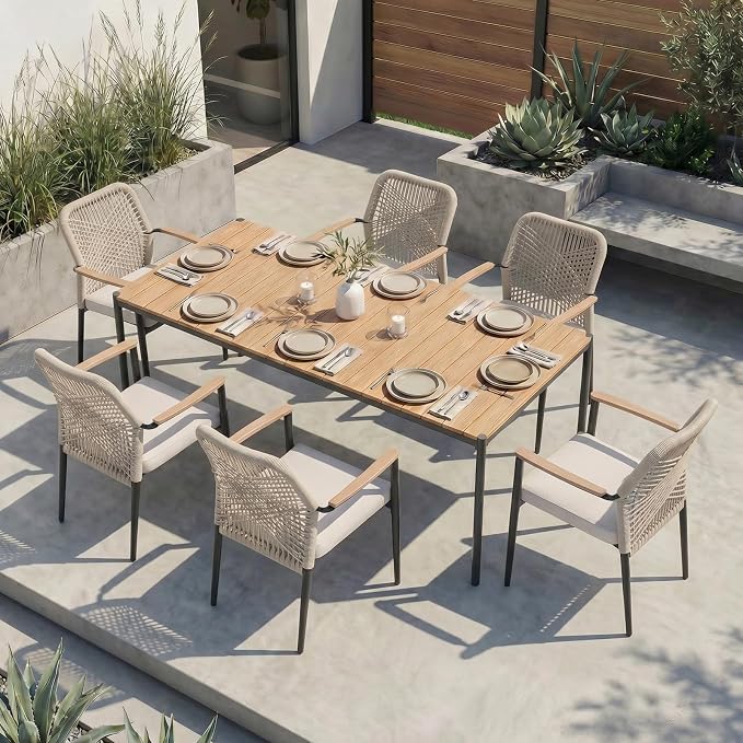 SUNSITT 7 Piece Outdoor Patio Dining Set, Patio Dining Furniture Set with 70” Metal Dining Table w/WPC Tabletop and 6 Woven Rope Patio Chairs w/WPC Armrests for Garden, Beige