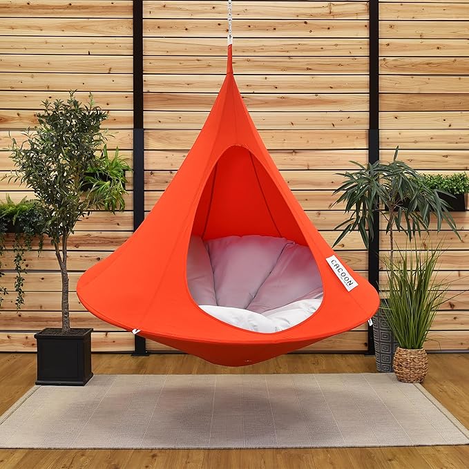 Single Cacoon Hanging Chair – Cozy Indoor/Outdoor Hammock with Polyester Canvas, 440 lb Capacity, Includes 18ft Rope & Carabiner (Bonfire Red)