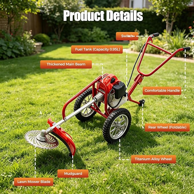 2 Stroke Hand Push Lawn Mower, 49CC Gas Powered Walk Behind Weed Wacker, 6500-7000R/Min Walk Behind String Trimmer with 0.95L Fuel Tank, Gas Weed Eater for Mountains, Hills, Plains